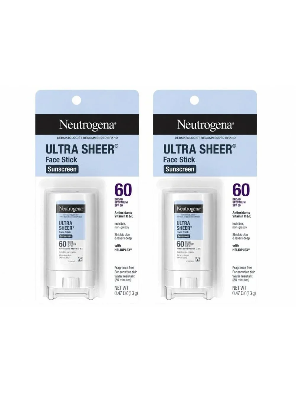 2 Neutrogena Ultra Sheer Face Sunscreen Stick SPF 60, 0.47 oz